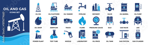 Oil and Gas icon collection set. Containing design Oil Well, Oil Rig, Oil Platform, Oil Tanker, Pipeline	