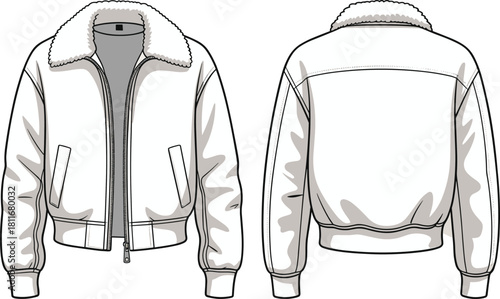 CAD drawing flat vector illustration of bomber jacket, front and back view, fashion technical sketch, winter outerwear, shearling collar
