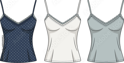 Cad drawing flat vector illustration of camisole tops template with lace trim, spaghetti straps, blue polka dot, white, gray style