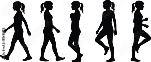 Silhouettes of woman walking and jogging in different poses, fitness lifestyle, healthy activity, motion sequence, active female movement
