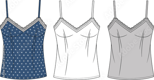 Cad drawing flat vector illustration of camisole tops template with lace trim, spaghetti straps, blue polka dot, white, gray view