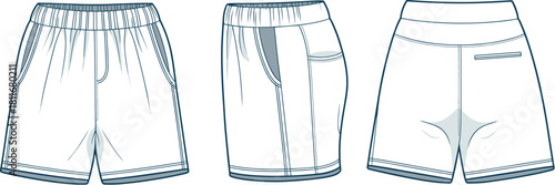 Cad drawing flat vector illustration of casual shorts with elastic waistband and pockets, front side back view, fashion template design