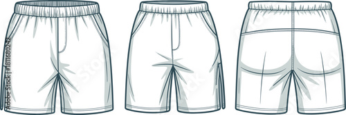 Cad drawing flat vector illustration of casual shorts with pockets, elastic waistband, front side back view, fashion apparel template