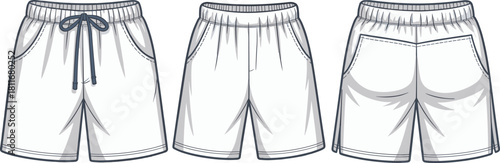 Cad drawing flat vector illustration of casual shorts template, front side back view, fashion mockup design, clothing CAD layout