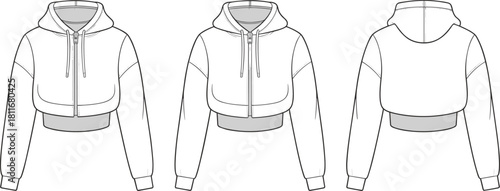 Cad drawing flat vector illustration of cropped hoodie template, zipped and unzipped front view, back view, drawstring hood, ribbed cuffs