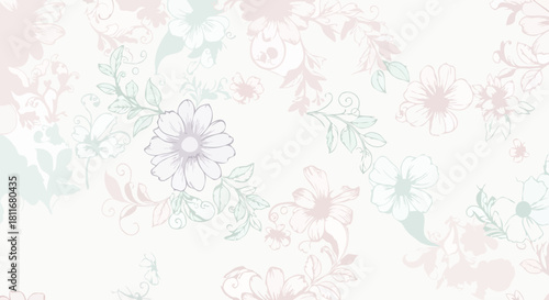Elegant seamless pattern of delicate hand-drawn flowers in soft pastel colors, a romantic vintage-inspired botanical background