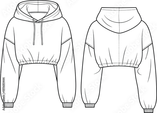 Cad drawing flat vector illustration of cropped hoodie, front back view technical fashion sketch for apparel garment design template