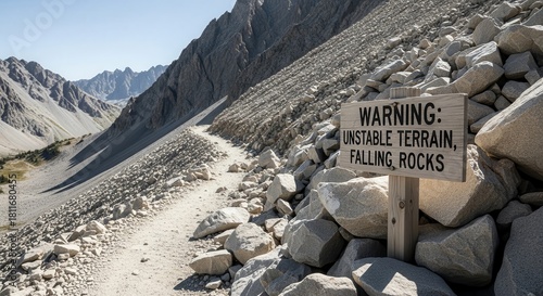 Rugged Mountain Trail: Warning Sign Indicates Unstable Terrain and Falling Rocks