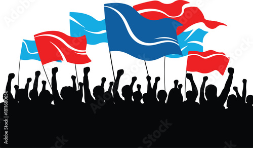 Crowd of people demonstrating and protesting holding flags with raised fists