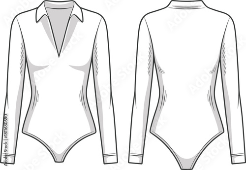 CAD drawing flat vector illustration of fitted bodysuit design, long sleeves, V-neck front and high neck back, fashion garment template