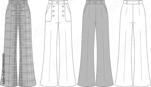 Cad drawing flat vector illustration of four pants template, plaid pattern, white, gray designs, front and back view, fashion mockup