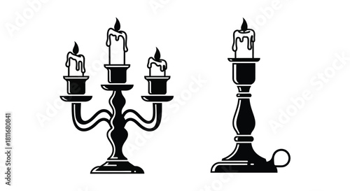 Black and white illustration of a candelabra and a single candlestick