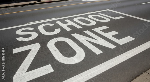 School Zone Sign On Pavement Indicates Area, Road Marking And Safety Regulations