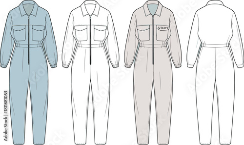 Cad drawing flat vector illustration of four utility jumpsuit templates with zipper front, pockets, blue gray outline views, front back