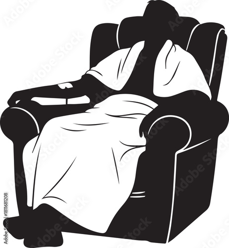 Silhouette of a person relaxing in a plush armchair wearing a robe and holding a remote control