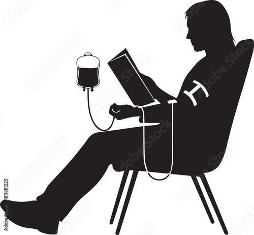 Silhouette of person donating blood sitting in chair with iv bag and monitor