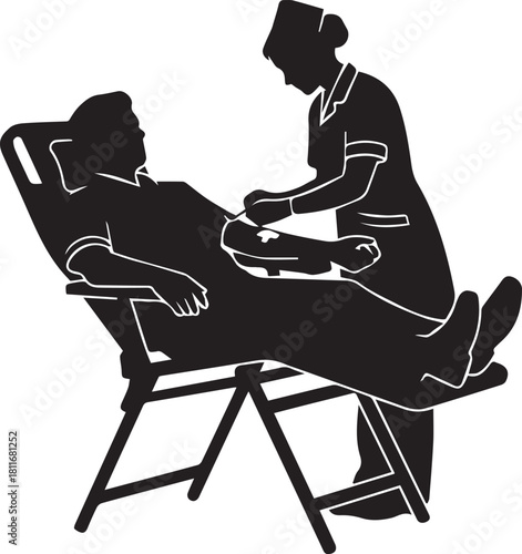 Silhouette of nurse assisting patient donating blood in a medical setting