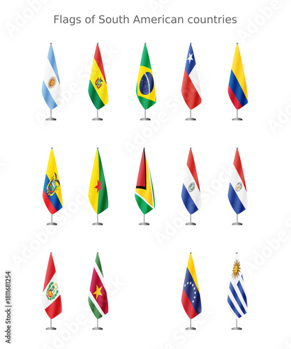 Set of flags of South American countries on a flagpole for official meetings, no background vector