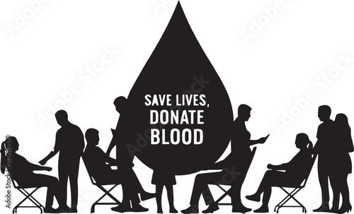 Blood donation silhouette scene people sitting under giant blood drop saving lives
