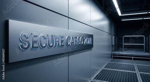 Secure Cargo Zone Sign in Modern Industrial Interior, Metallic and Futuristic Visuals