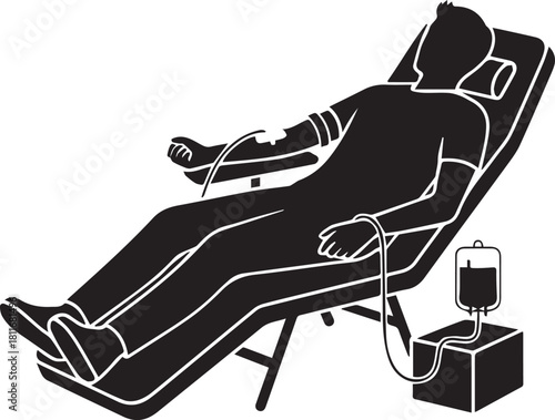 Silhouette of person donating blood in reclining chair with blood bag medical concept