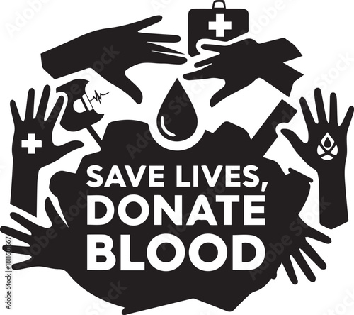 Save lives donate blood silhouette medical hands droplet heart symbol helping hands