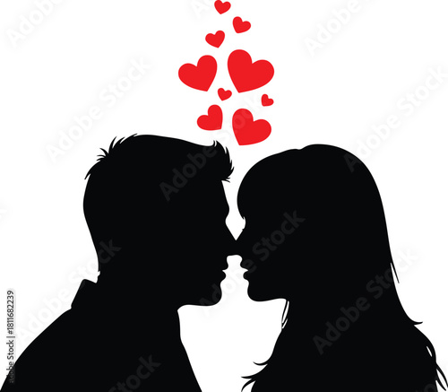 Silhouette of a loving couple kissing surrounded by floating red hearts