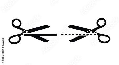 A pair of open scissors with a dashed line indicating a cut
