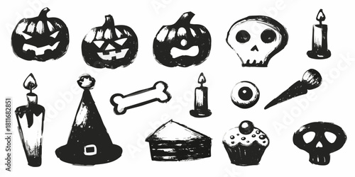 Hand drawn halloween icon set with pumpkins skulls candles and other spooky elements