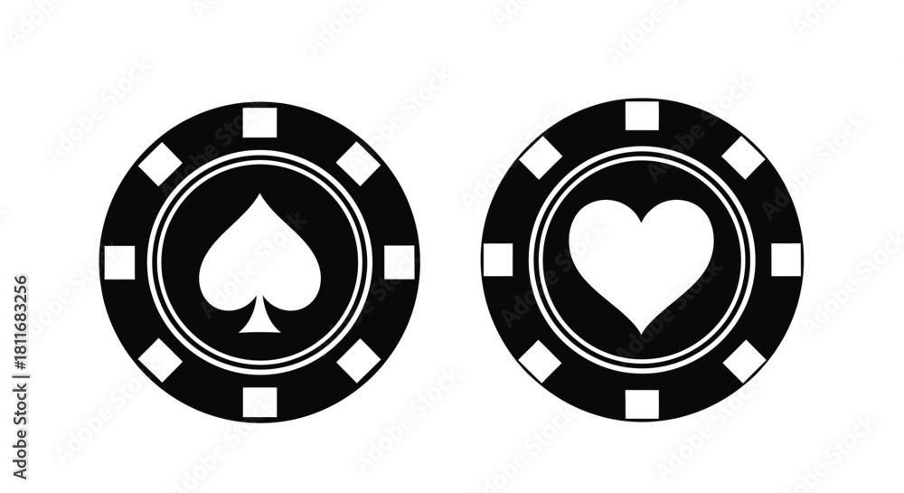 Fototapeta premium Two black and white casino chips with spade and heart symbols displayed