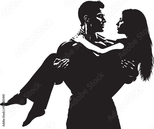 Man holding woman in his arms romantic embrace silhouette design