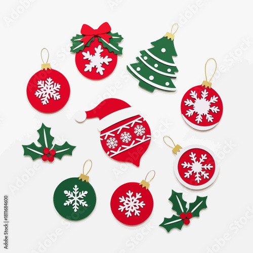 Handcrafted paper art collection featuring classic Christmas symbols like ornaments, a festive tree, and holly for seasonal greetings