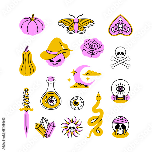 Trendy Hand Drawn Halloween Clipart Collection, Cute Whimsical Fall Vector Illustration Set, Pumpkin, Butternut Squash, Crystal Ball, Snake, Dagger, Potion Bottle, Crescent Moon, Moth, Mystical Eye
