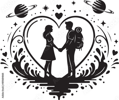 Couple Holding Hands In Heart Frame with Planets and Stars Silhouette