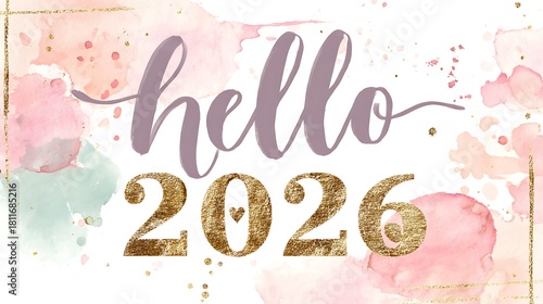 Watercolor “Hello 2026” with Purple Script, Glitter Gold Numbers, and Rose Gold Heart Pendant