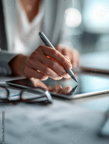 Business professional using a digital pen on a tablet for work tasks in a modern office environment with eyeglasses and documents on the desk surface