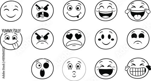 Hand drawn emoji faces expressing various emotions in black and white