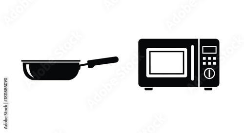 A simple black and white illustration of a frying pan and microwave oven