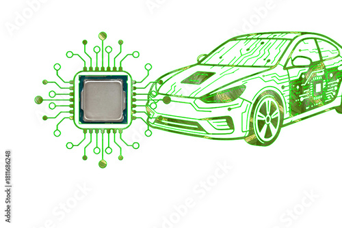 Electric vehicle with microchip and circuit board representing green automotive technology and innovation