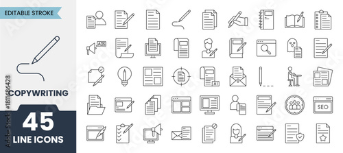 Copywriting line icons set with editable stroke. Contains icons related to article, storytelling, marketing, SEO, copywriter, content writing, blog and more. Vector illustration