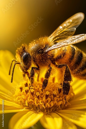 Wallpaper Mural Detailed close up of a honeybee collecting pollen from a vibrant yellow flower in the sunshine Torontodigital.ca