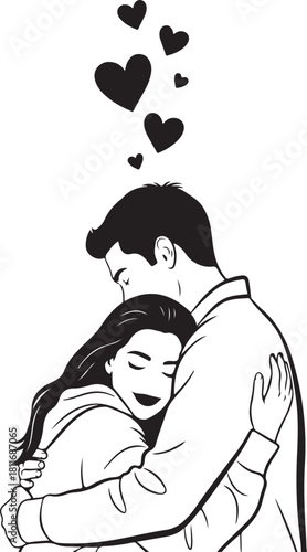 Romantic couple hugging illustration with floating hearts in vector format