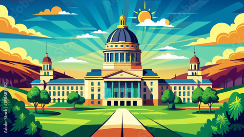Very beautiful vector-style depiction of the North Dakota State Capitol, featuring its clean modern tower, surrounding green lawns, and open sky in a bright, polished composition suitable for stock il