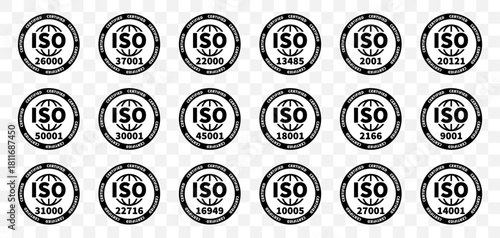 ISO certification badges set. Industry compliance symbols in round shapes. Great for quality standard labeling