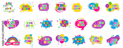 Kids zone emblem collection. Game room party labels, children education and entertainment club elements. Kid play room label, colorful game area banner and funny badge