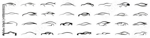 Car line logo collection. Set of black car logotype for vehicle company, auto service, transportation. Abstract car showroom logo collection