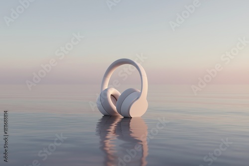 Serene 3D conceptual art of white over-ear headphones resting on a reflective water surface with a pastel sunset background.