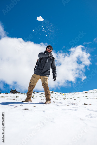 Man Throwing Snowball – Winter Adventure Lifestyle Photo