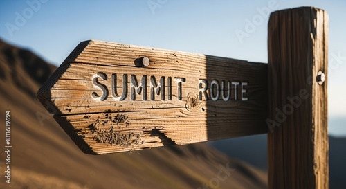 Summit Route Wooden Sign Directing the Path Toward Mountain Peaks and Reaching New Heights
