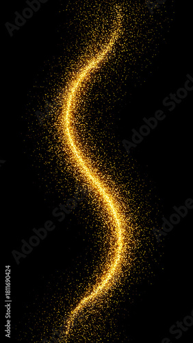 Gold glitter particle s shape bend forming elegant light trail on vertical black background